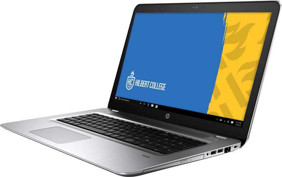An HP laptop with the Hilbert College background