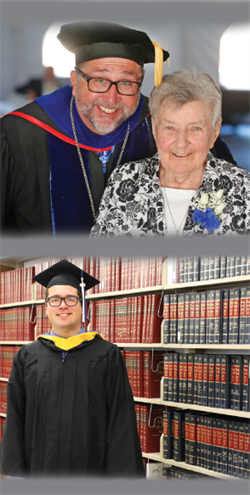 Dr. Brophy and Sr. Edmunette; a recent graduate in cap and gown