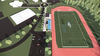 Track and field complex architectural rendering