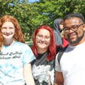 Students posing for pictures during welcome week at Hilbert College.