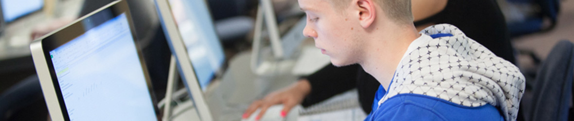 A student learning about Business Management on the computer. 