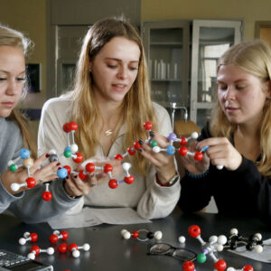 Hilbert students studying molecules in Biology class.
