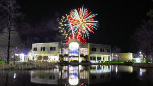 Fireworks over Fran Hall at Hilbert College