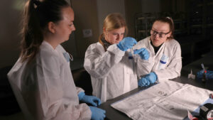 Hilbert students working on evidence bags.