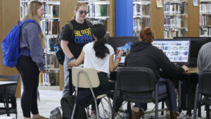 Hilbert students chatting in the library.