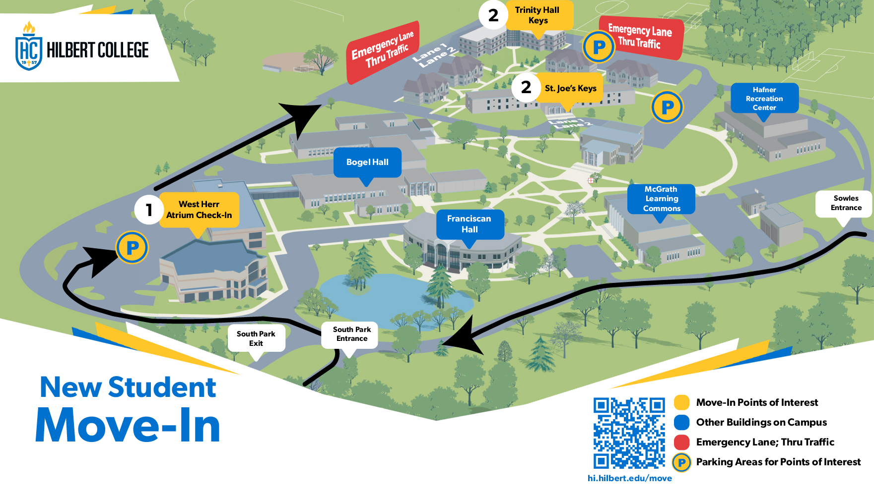 A map for new students at Hilbert College to move in.