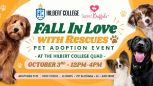 Poster for pet adoption event with animals on it.