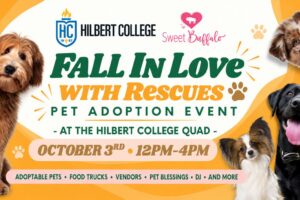 Poster for pet adoption event with animals on it.